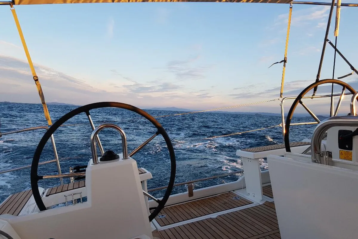 Cockpit of Lampo, a Beneteau Oceanis 38.1 sailboat at La Spezia, Italy