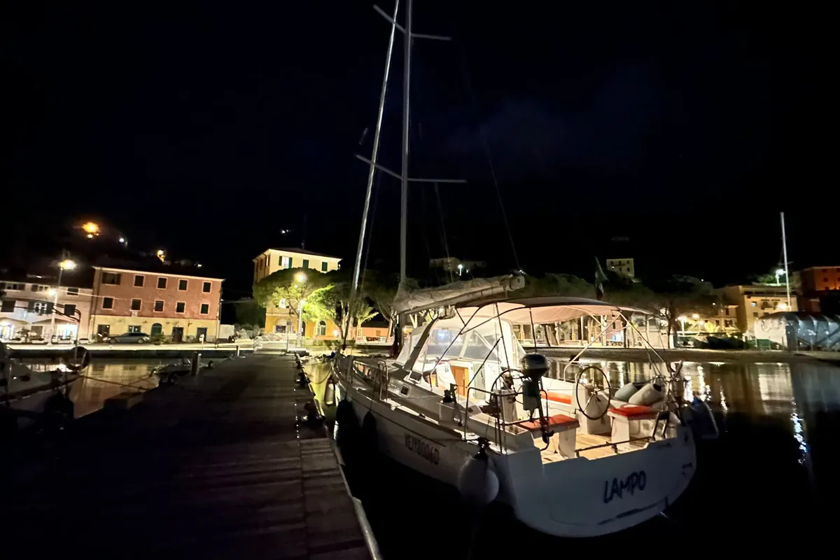 Exterior view of Lampo, a Beneteau Oceanis 38.1 sailboat at La Spezia, Italy