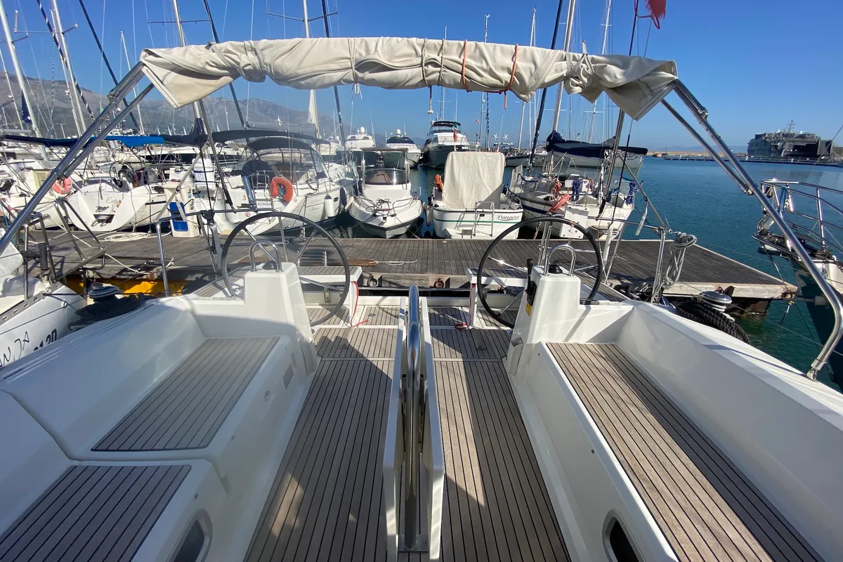 Cockpit of Lampo, a Beneteau Oceanis 38.1 sailboat at La Spezia, Italy