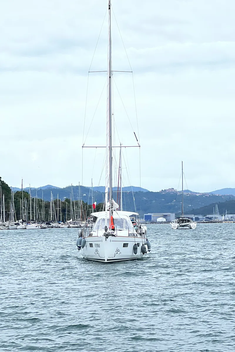Exterior view of Lampo, a Beneteau Oceanis 38.1 sailboat at La Spezia, Italy