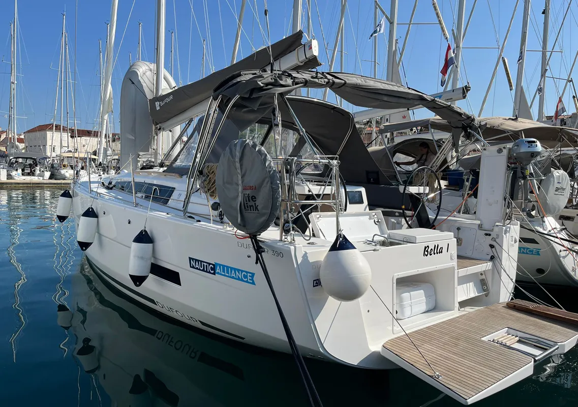 Exterior view of Bella I, a Dufour 390 sailboat at Grad Biograd na Moru, Croatia