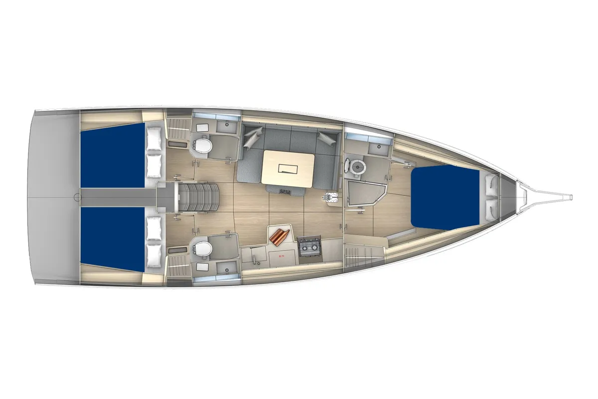 Floor plan of Dufour 41, a sailboat at Kontokali, Greece