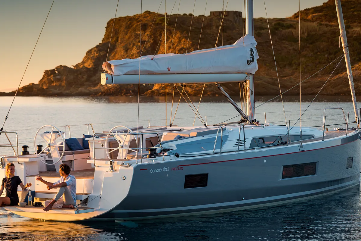 Exterior view of Larimar, a Beneteau Oceanis 46.1 sailboat at Municipal Unit of Lefkada, Greece