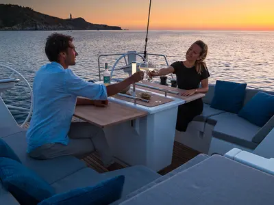 Deck of Larimar, a Beneteau Oceanis 46.1 sailboat at Municipal Unit of Lefkada, Greece