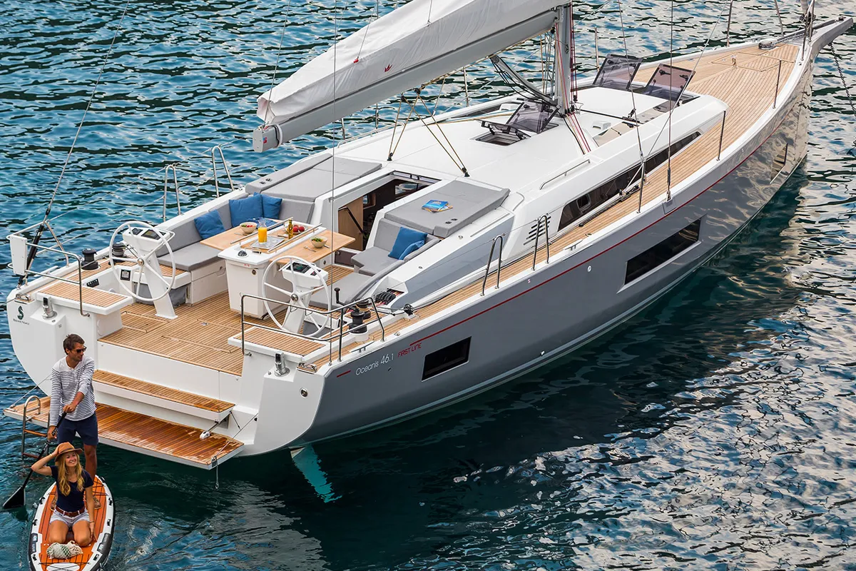 Exterior view of Larimar, a Beneteau Oceanis 46.1 sailboat at Municipal Unit of Lefkada, Greece