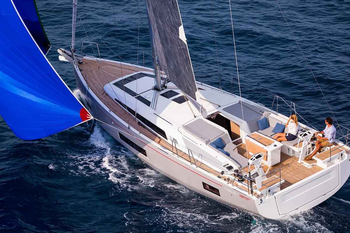 Exterior view of Larimar, a Beneteau Oceanis 46.1 sailboat at Municipal Unit of Lefkada, Greece