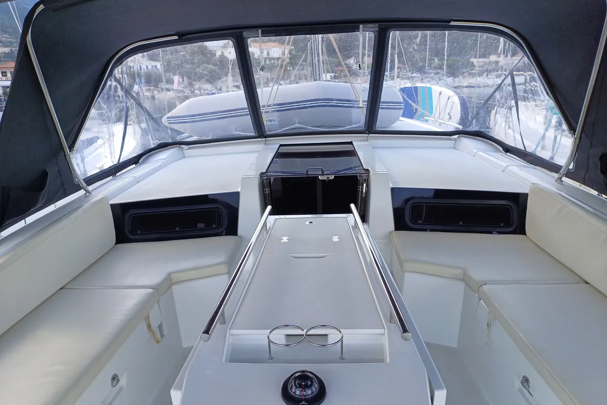 Cockpit of Larimar, a Beneteau Oceanis 46.1 sailboat at Municipal Unit of Lefkada, Greece