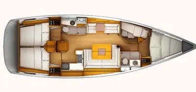 Floor plan of Marina 1, a Jeanneau Sun Odyssey 439 sailboat at Skiathos, Greece