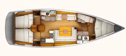 Floor plan of Marina 1, a Jeanneau Sun Odyssey 439 sailboat at Skiathos, Greece