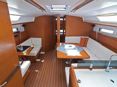 Salon of Marina 1, a Jeanneau Sun Odyssey 439 sailboat at Skiathos, Greece
