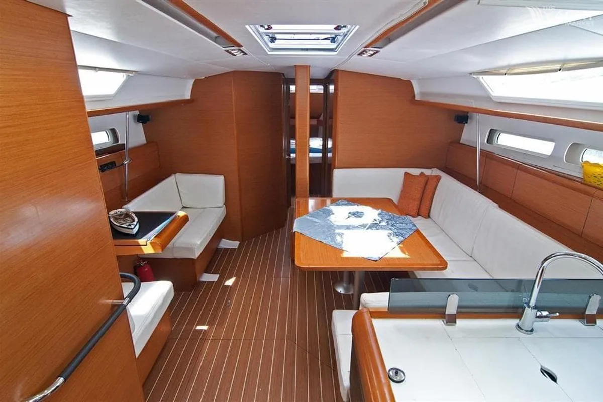 Salon of Marina 1, a Jeanneau Sun Odyssey 439 sailboat at Skiathos, Greece