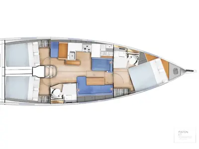 Floor plan of SAN GEORGE, a Jeanneau Sun Odyssey 410 sailboat at Nea Peramos, Greece