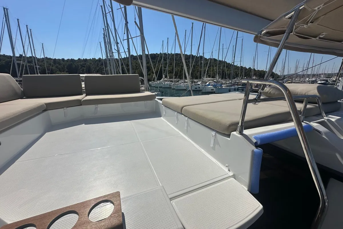 Deck of Protea, a Fountaine Pajot Elba 45 catamaran at Općina Rogoznica, Croatia