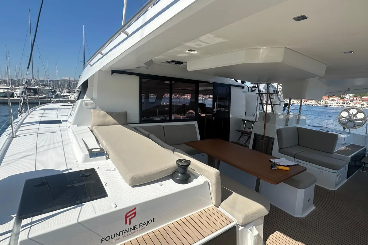 Deck of Protea, a Fountaine Pajot Elba 45 catamaran at Općina Rogoznica, Croatia