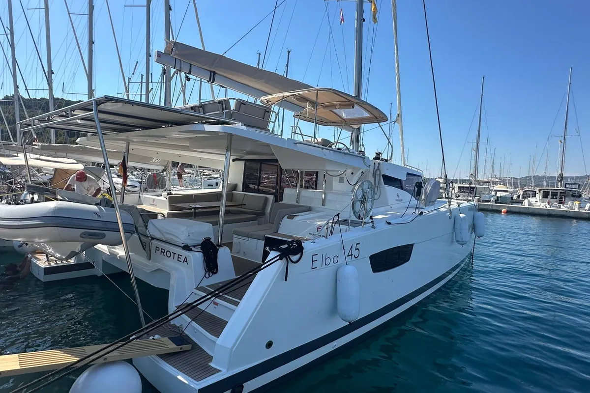Exterior view of Protea, a Fountaine Pajot Elba 45 catamaran at Općina Rogoznica, Croatia
