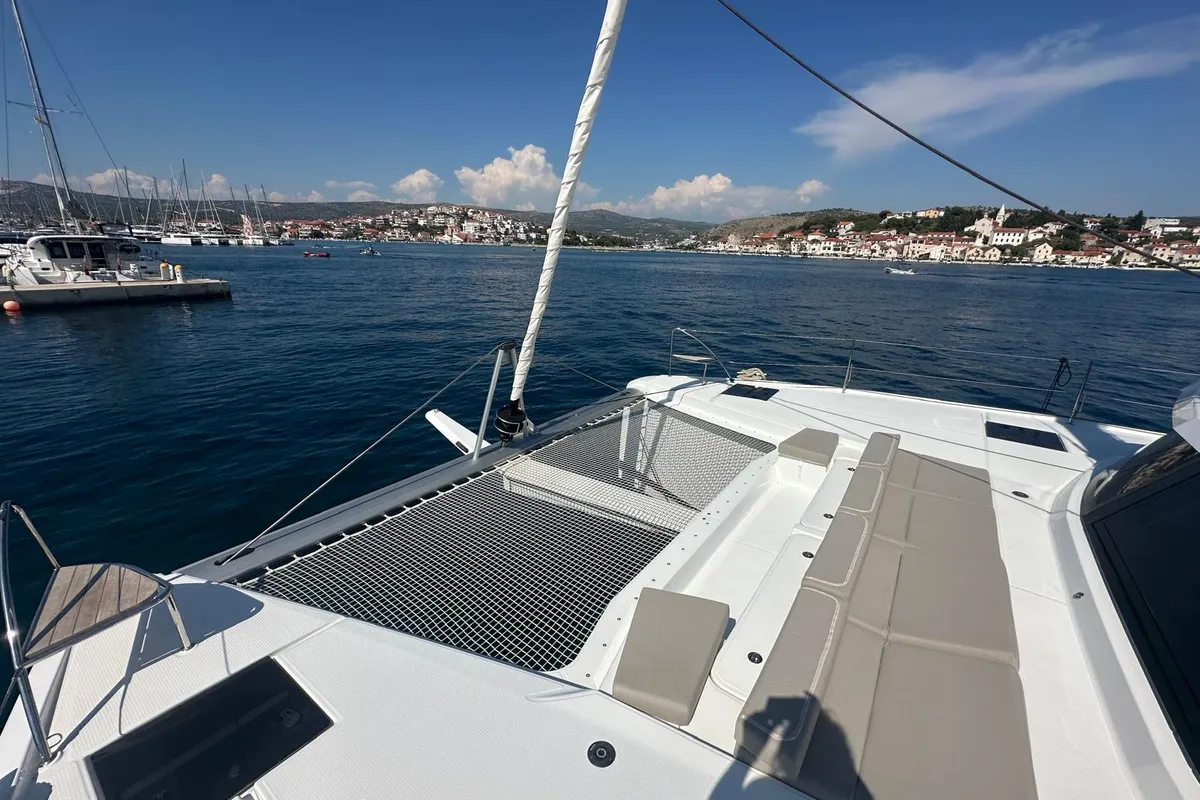 Deck of Protea, a Fountaine Pajot Elba 45 catamaran at Općina Rogoznica, Croatia