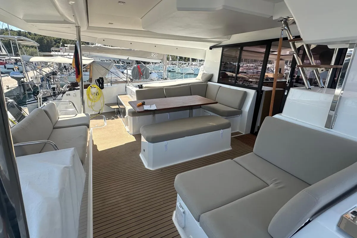 Deck of Protea, a Fountaine Pajot Elba 45 catamaran at Općina Rogoznica, Croatia