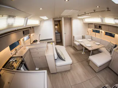 Salon of Nireas, a Beneteau Oceanis 51.1 sailboat at Athens, Greece