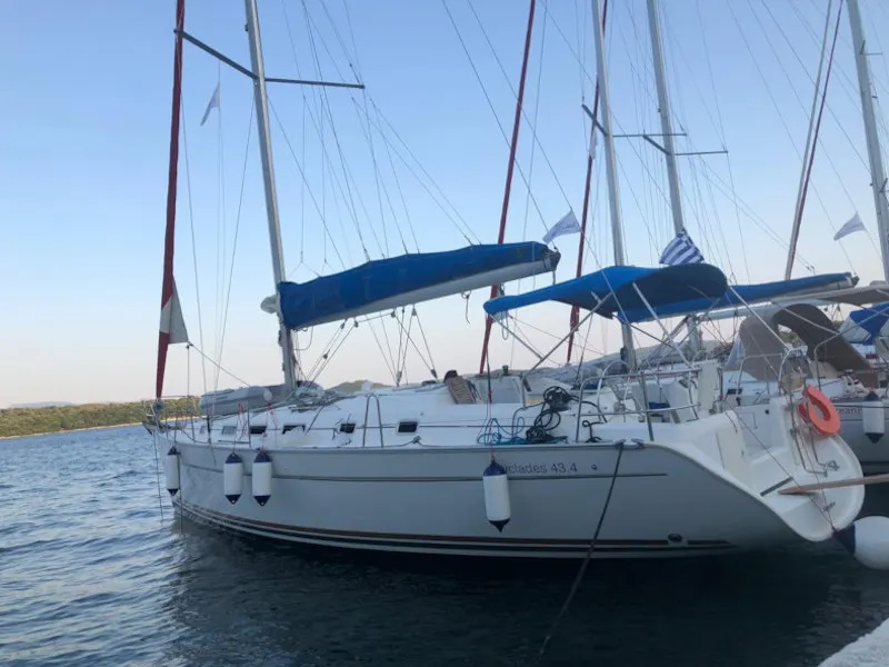 Exterior view of Crash, a Beneteau Cyclades 43.4 sailboat at Figari/Golfo Aranci, Italy