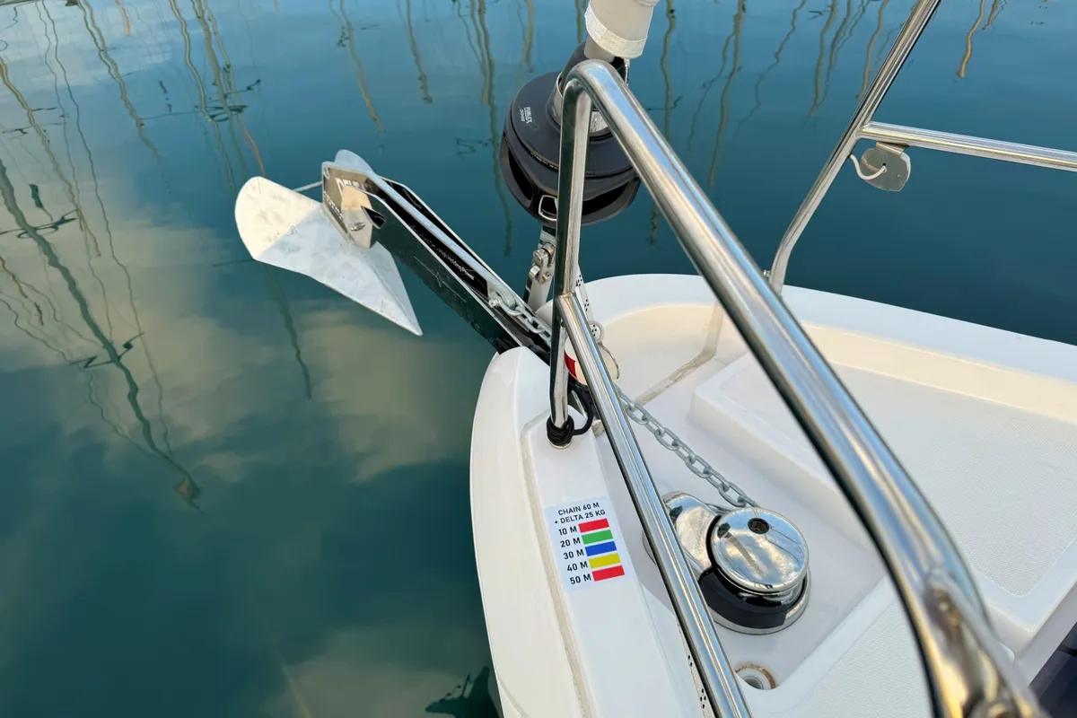 Deck of Freja, a Bavaria C46 sailboat at Pula, Croatia