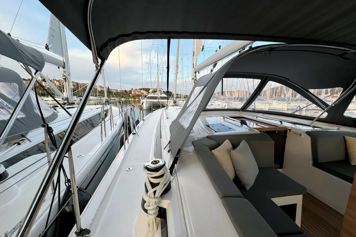 Deck of Freja, a Bavaria C46 sailboat at Pula, Croatia