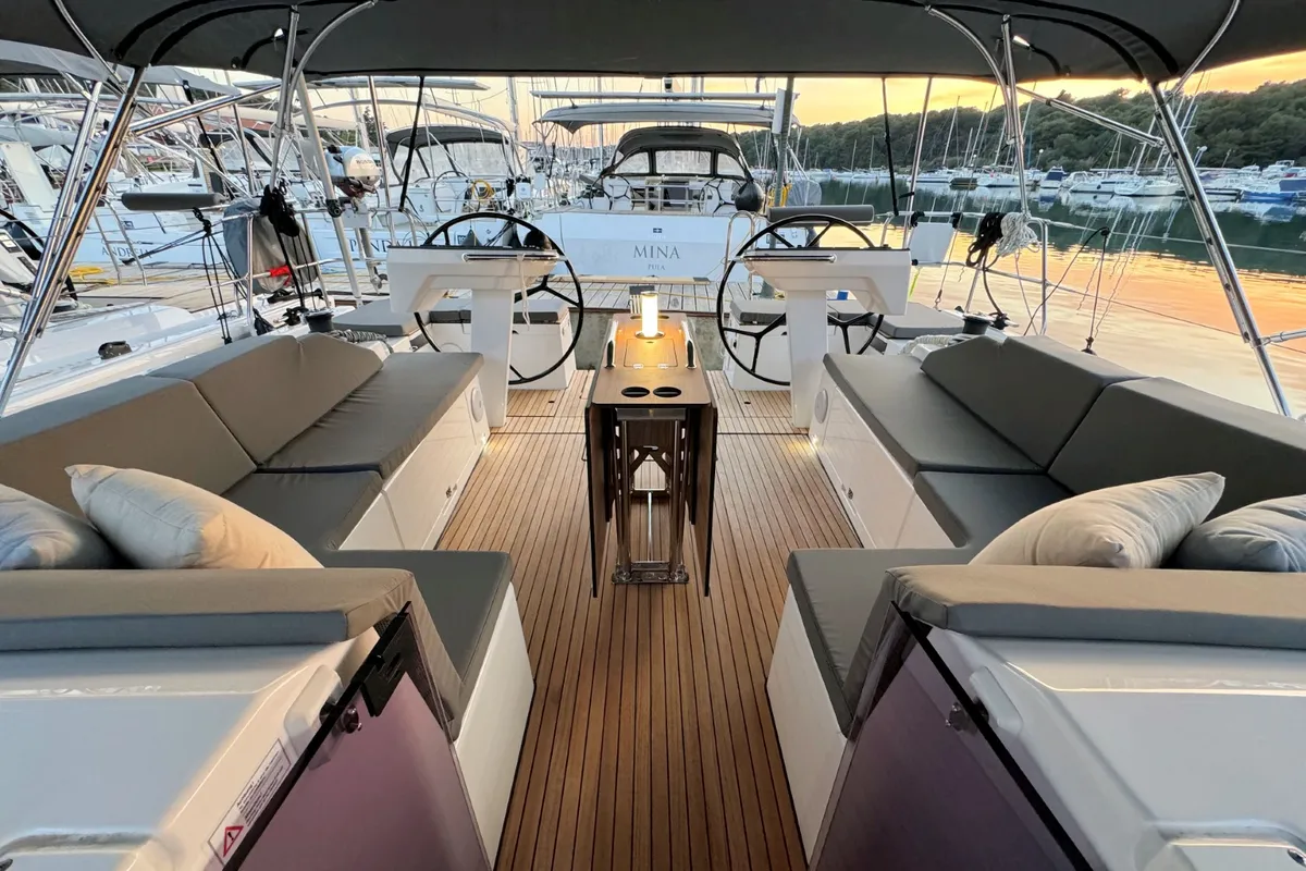 Deck of Freja, a Bavaria C46 sailboat at Pula, Croatia