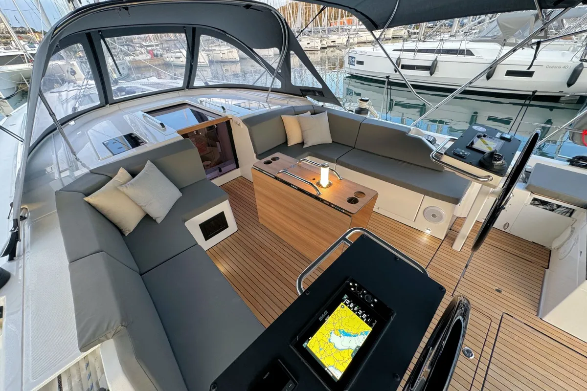 Deck of Freja, a Bavaria C46 sailboat at Pula, Croatia