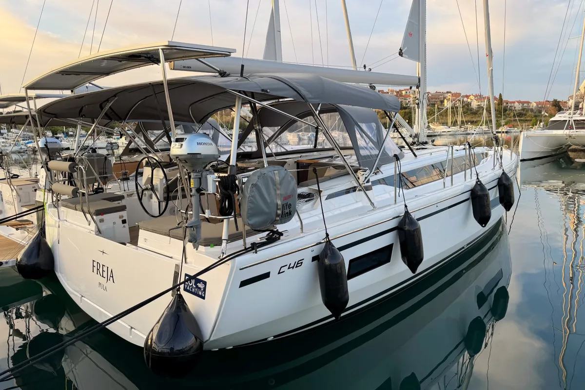 Exterior view of Freja, a Bavaria C46 sailboat at Pula, Croatia
