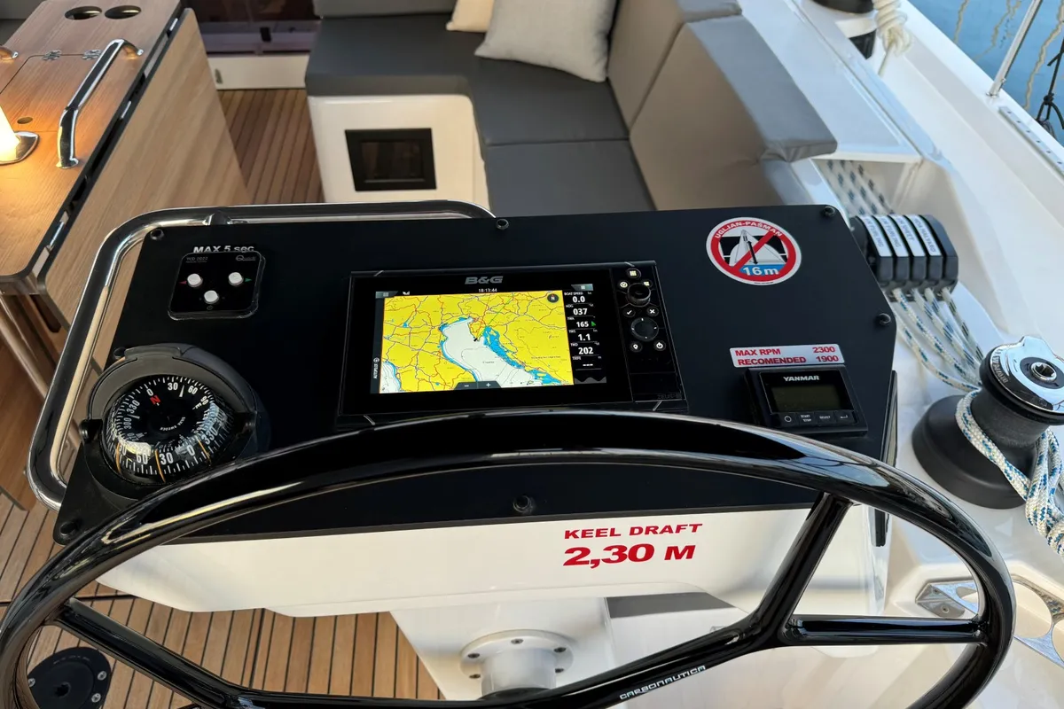 Cockpit of Freja, a Bavaria C46 sailboat at Pula, Croatia