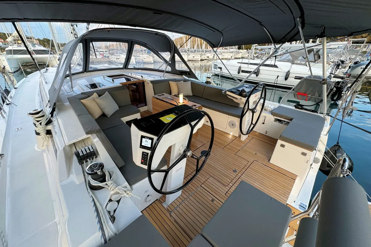 Deck of Freja, a Bavaria C46 sailboat at Pula, Croatia