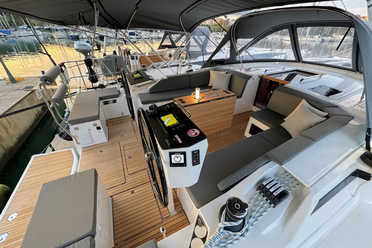 Deck of Freja, a Bavaria C46 sailboat at Pula, Croatia
