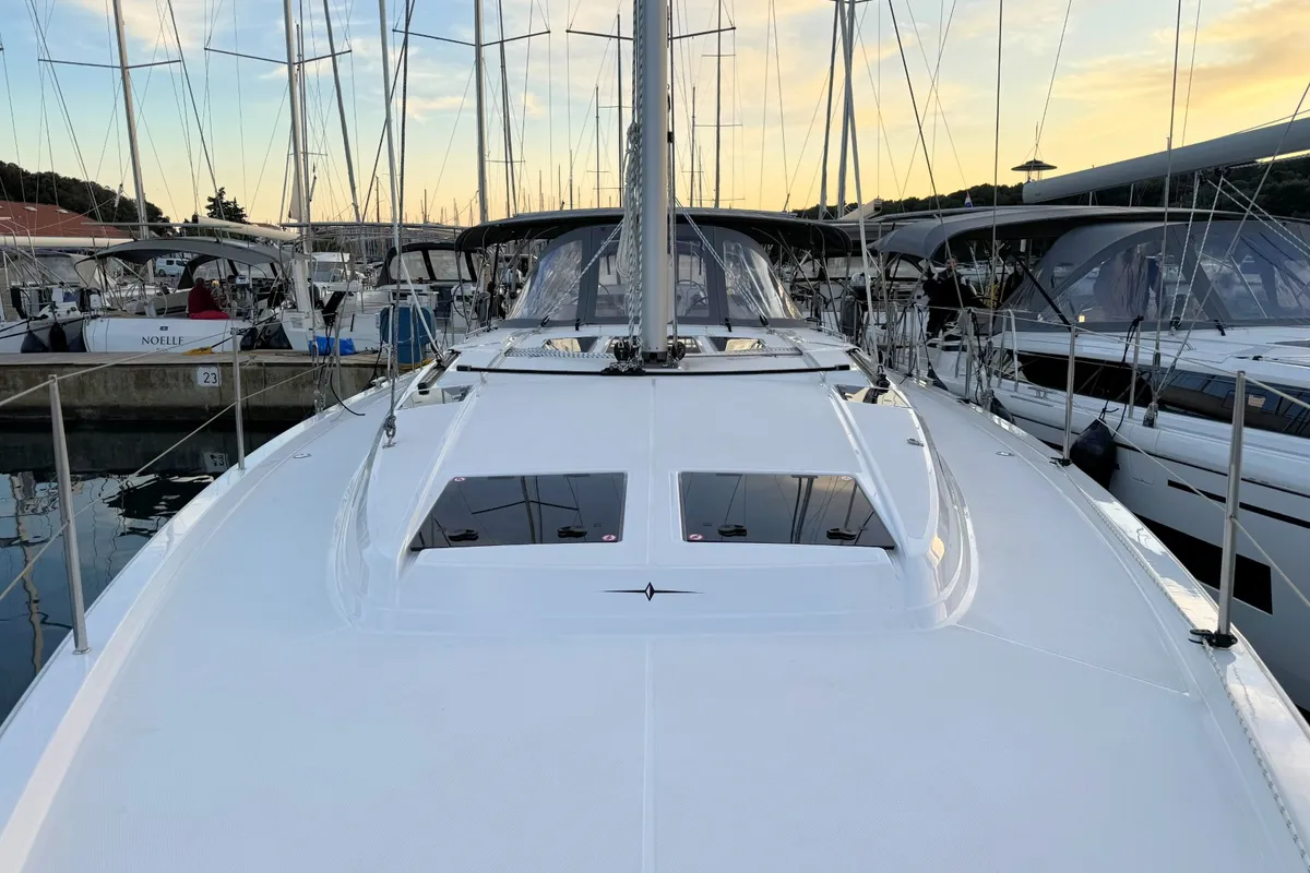 Deck of Freja, a Bavaria C46 sailboat at Pula, Croatia