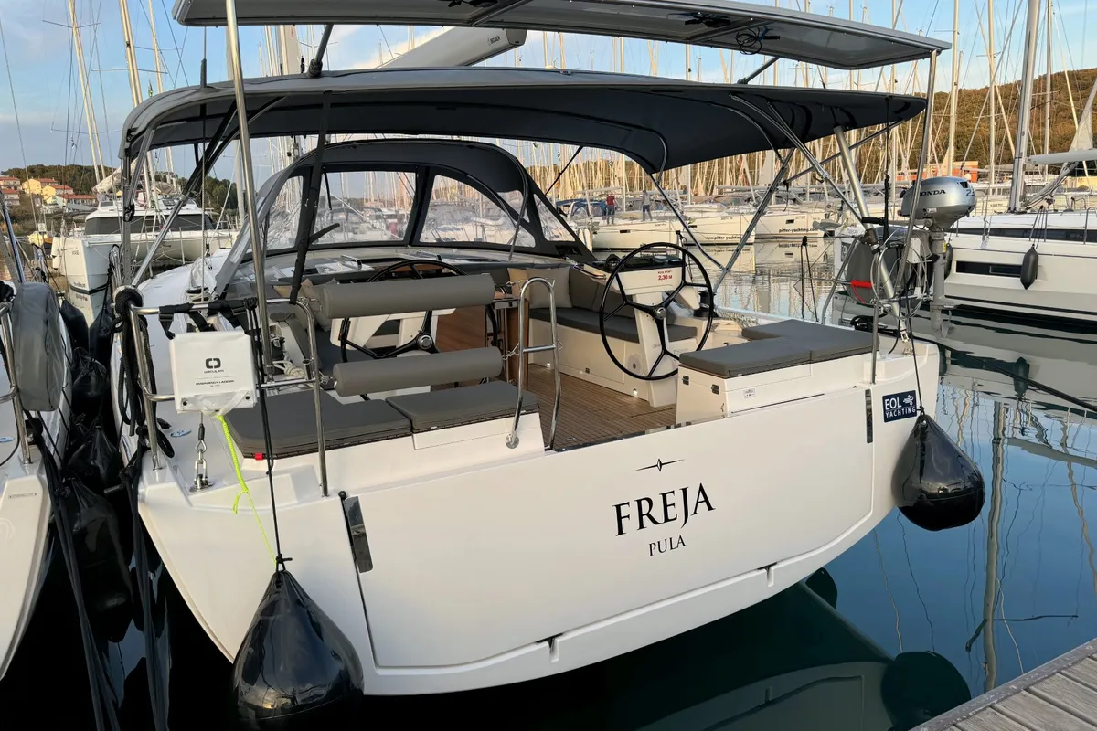 Exterior view of Freja, a Bavaria C46 sailboat at Pula, Croatia