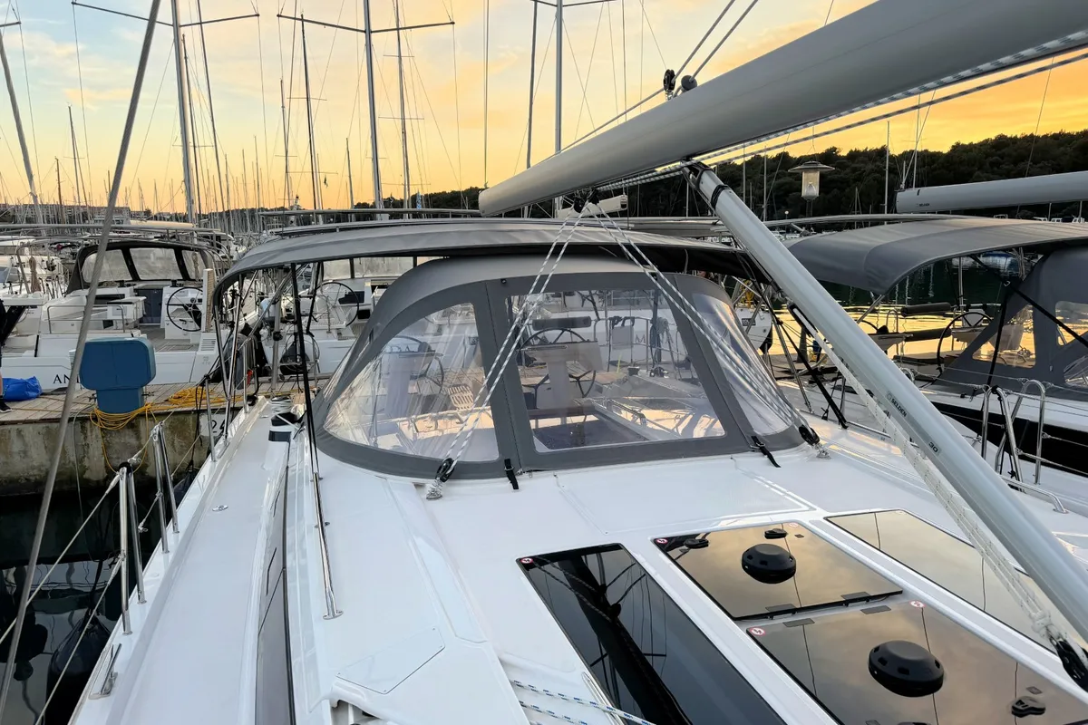 Exterior view of Freja, a Bavaria C46 sailboat at Pula, Croatia