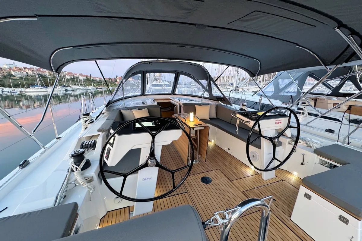 Cockpit of Freja, a Bavaria C46 sailboat at Pula, Croatia