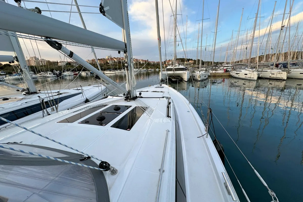 Deck of Freja, a Bavaria C46 sailboat at Pula, Croatia