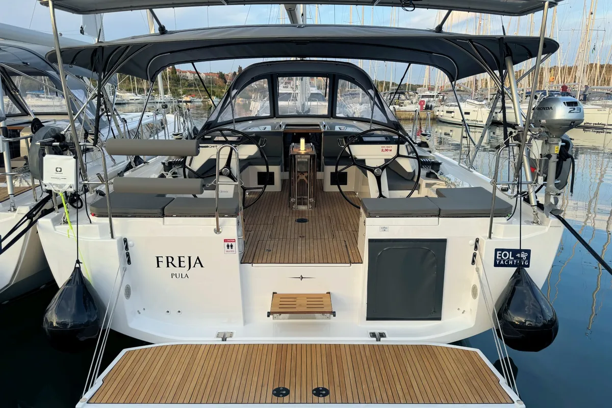 Exterior view of Freja, a Bavaria C46 sailboat at Pula, Croatia
