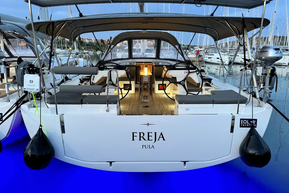 Exterior view of Freja, a Bavaria C46 sailboat at Pula, Croatia