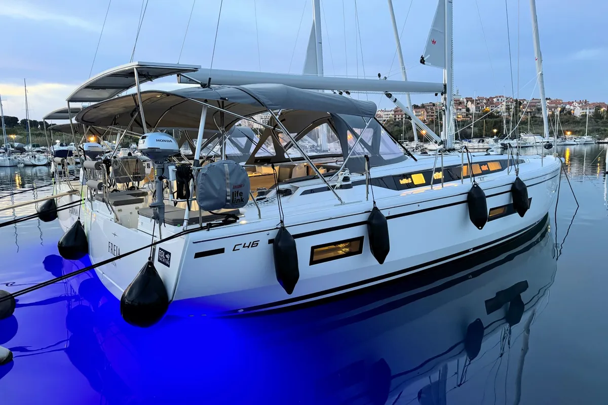 Exterior view of Freja, a Bavaria C46 sailboat at Pula, Croatia