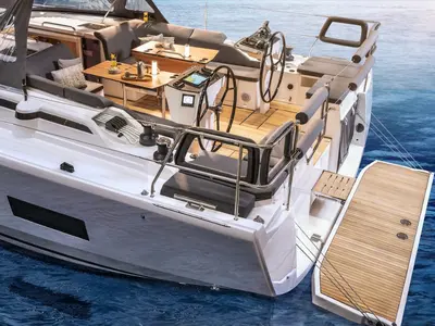 Deck of Freja, a Bavaria C46 sailboat at Pula, Croatia