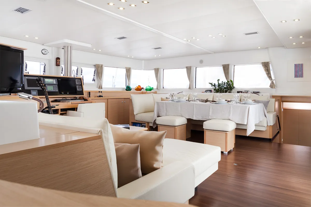 Salon of NOVA, a Lagoon 620 catamaran at Athens, Greece