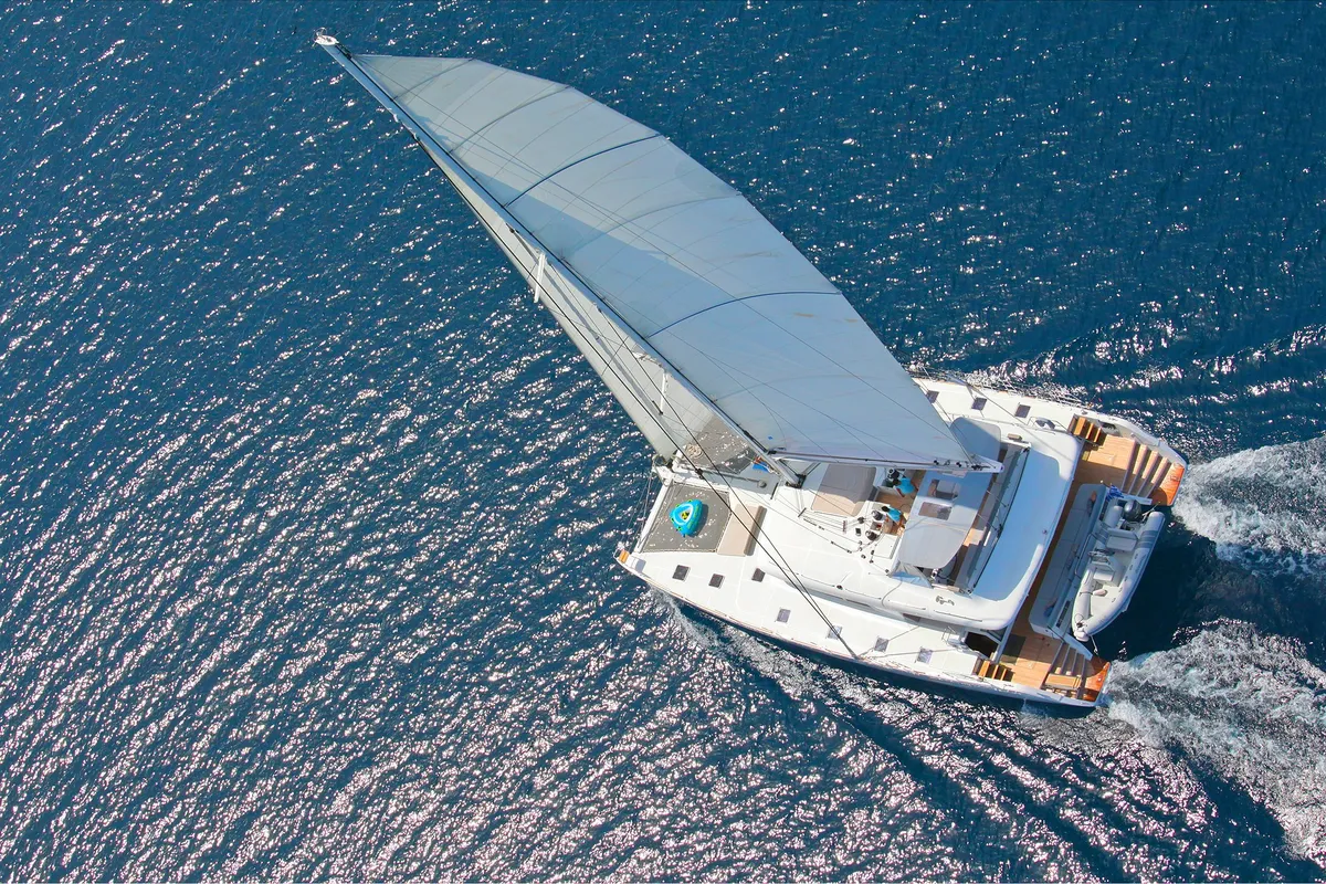 Exterior view of NOVA, a Lagoon 620 catamaran at Athens, Greece