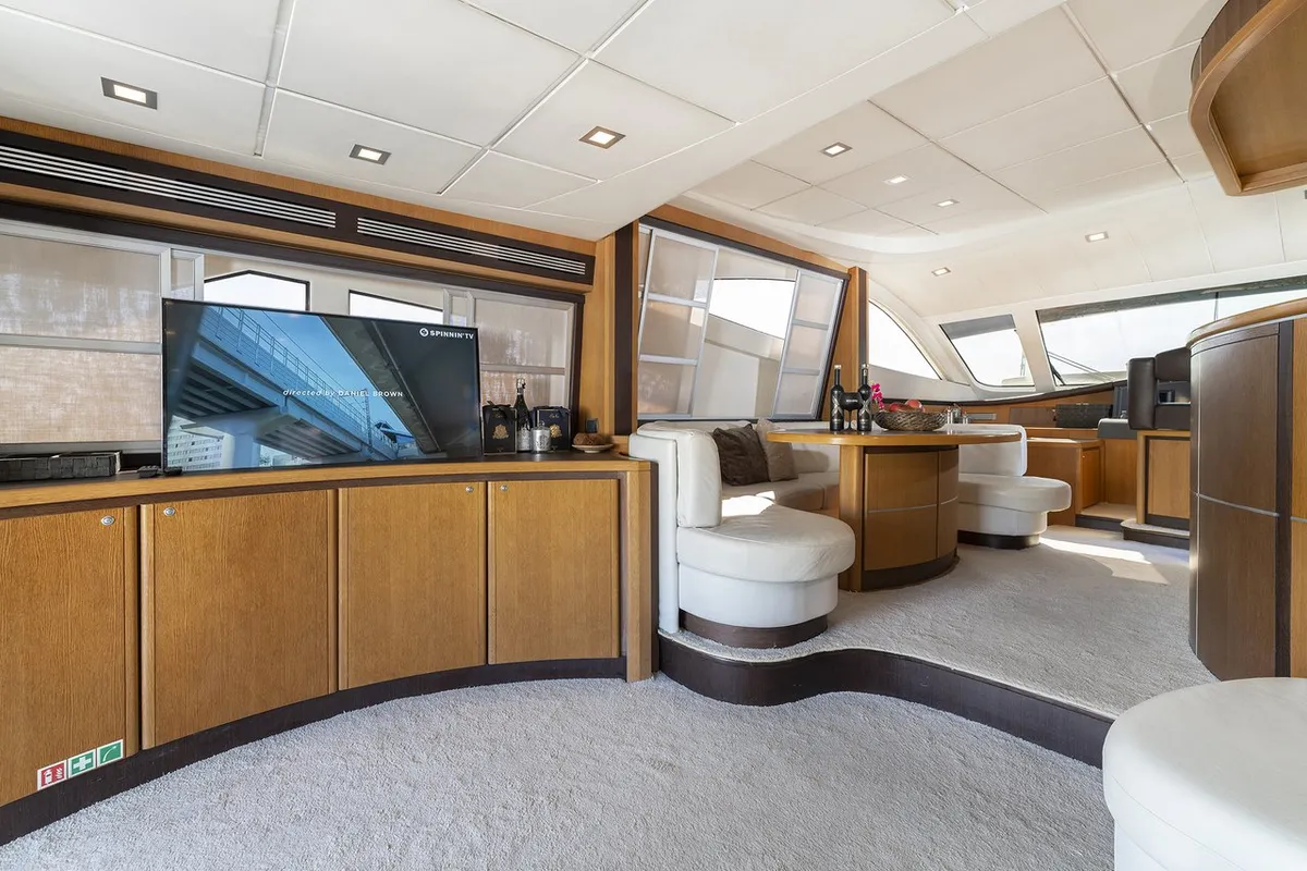 Salon of Auri, a Abacus 70 motor yacht at Port d'Andratx, Spain