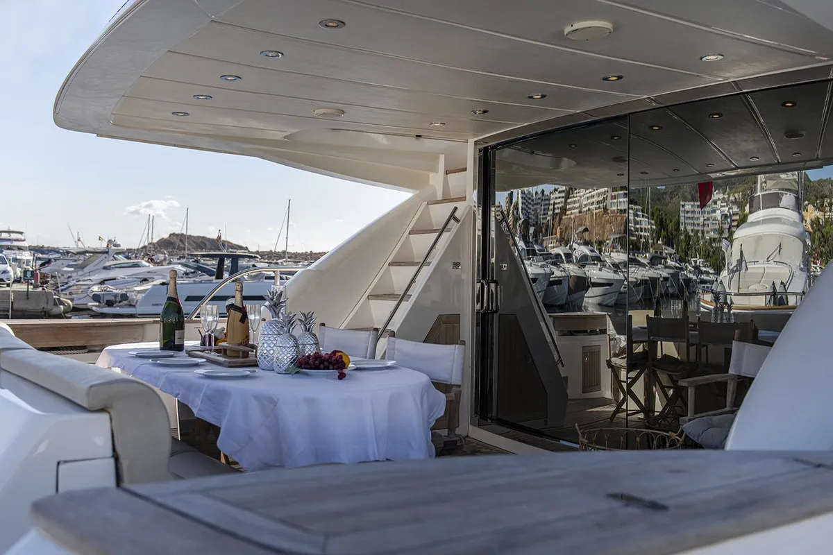Deck of Auri, a Abacus 70 motor yacht at Port d'Andratx, Spain