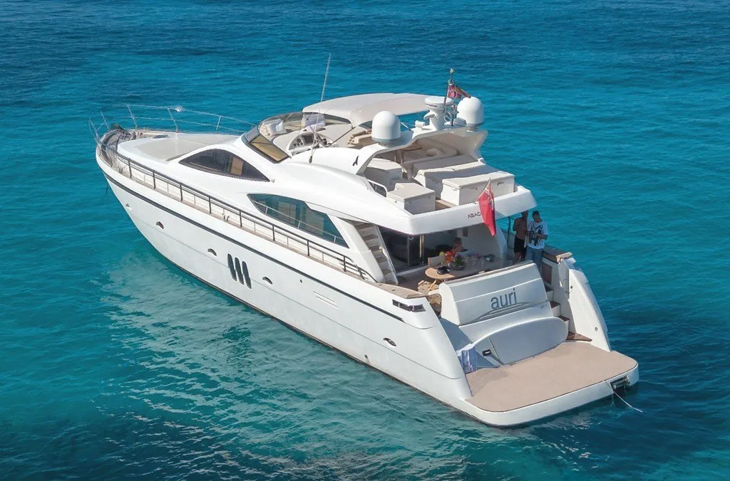 Exterior view of Auri, a Abacus 70 motor yacht at Port d'Andratx, Spain