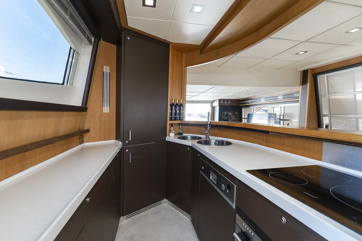 Galley of Auri, a Abacus 70 motor yacht at Port d'Andratx, Spain