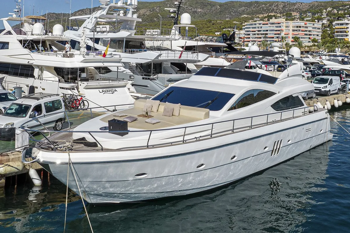 Exterior view of Auri, a Abacus 70 motor yacht at Port d'Andratx, Spain