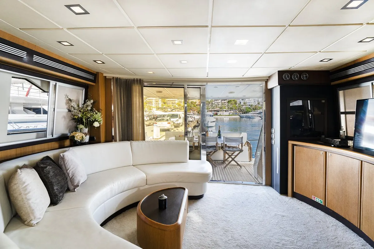 Salon of Auri, a Abacus 70 motor yacht at Port d'Andratx, Spain