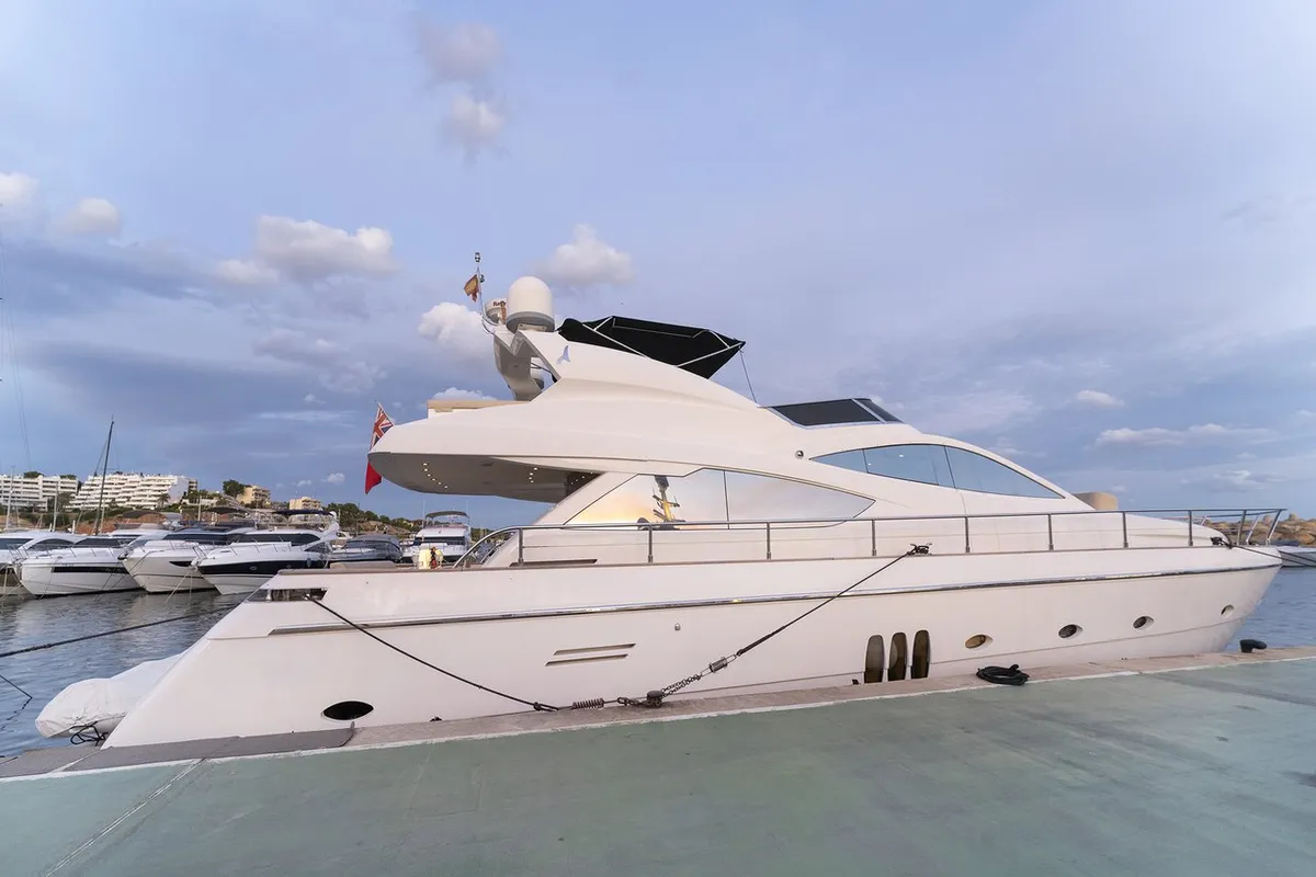 Exterior view of Auri, a Abacus 70 motor yacht at Port d'Andratx, Spain