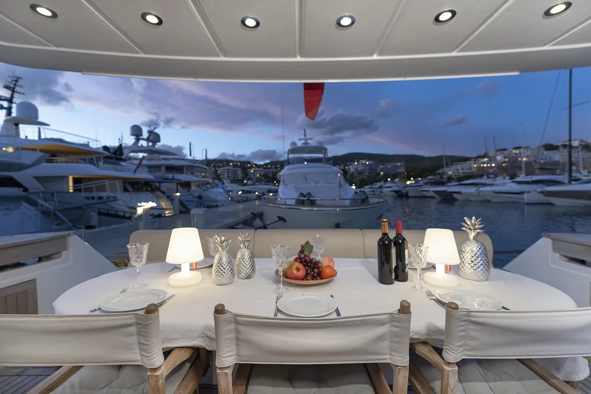 Deck of Auri, a Abacus 70 motor yacht at Port d'Andratx, Spain